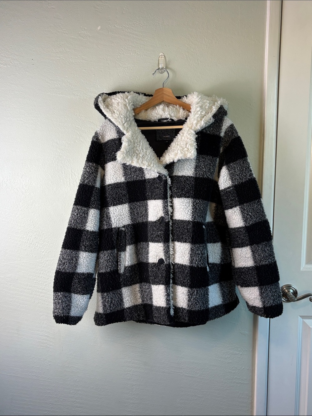Steve Madden Black & White Buffalo Check Sherpa Hooded Jacket